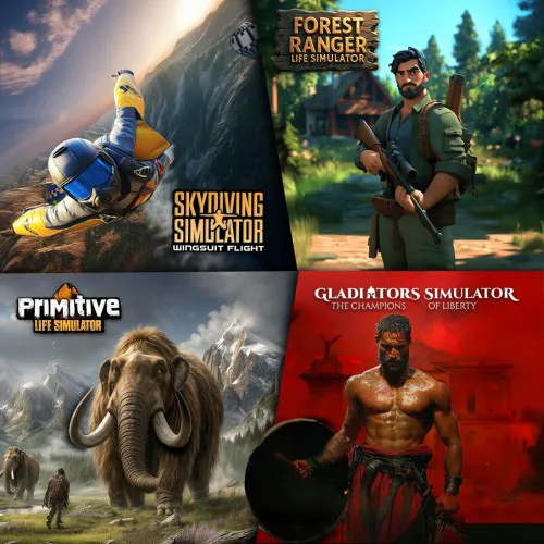Copertina di MEGA SIMULATOR BUNDLE - Forest Ranger Life Simulator / Primitive Life Simulator / Gladiators Simulator: The Champions of Liberty / Skydiving Simulator: Wingsuit Flight